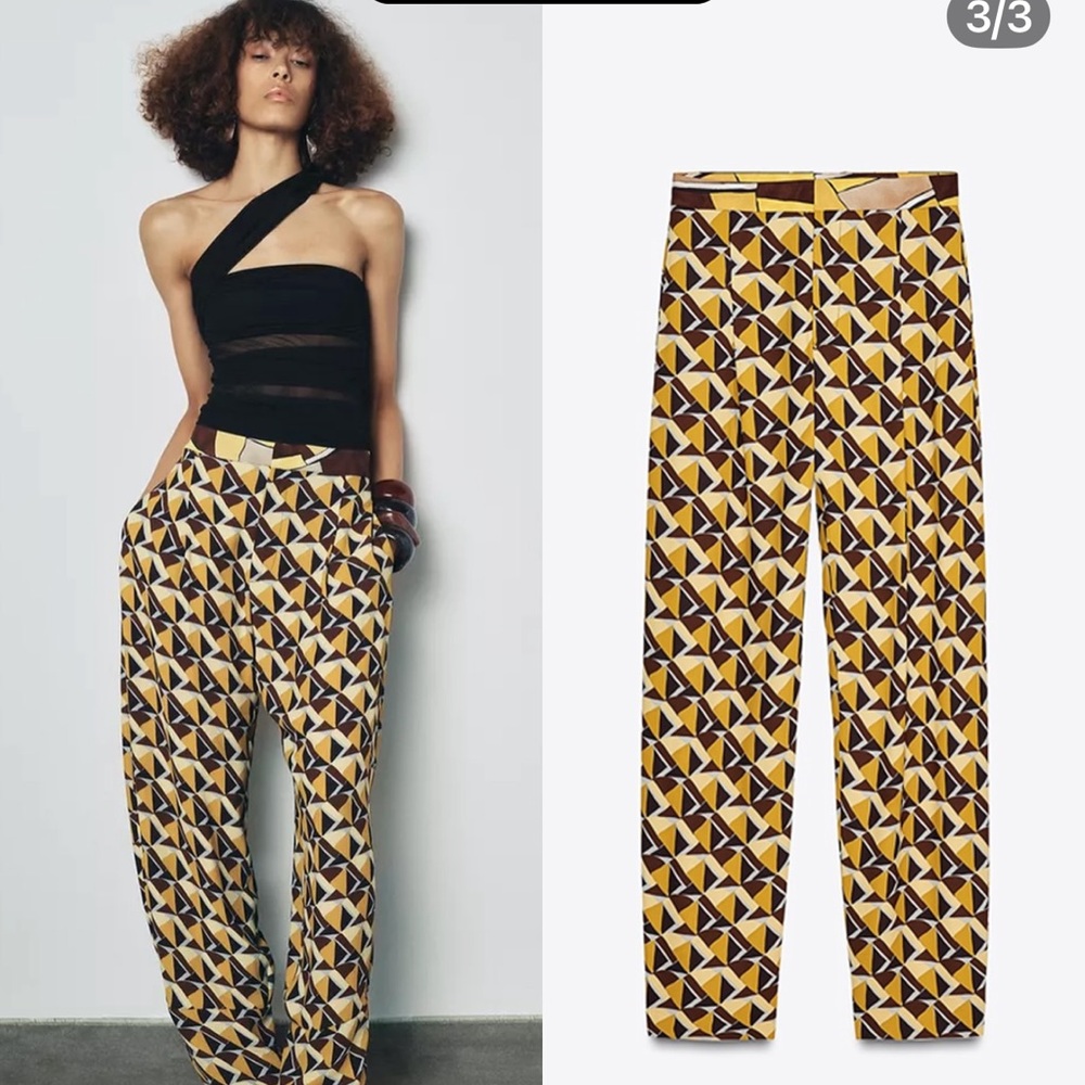 ZARA ZW COLLECTION PRINTED PANTS SZ XS YELLOW 2545/087/300